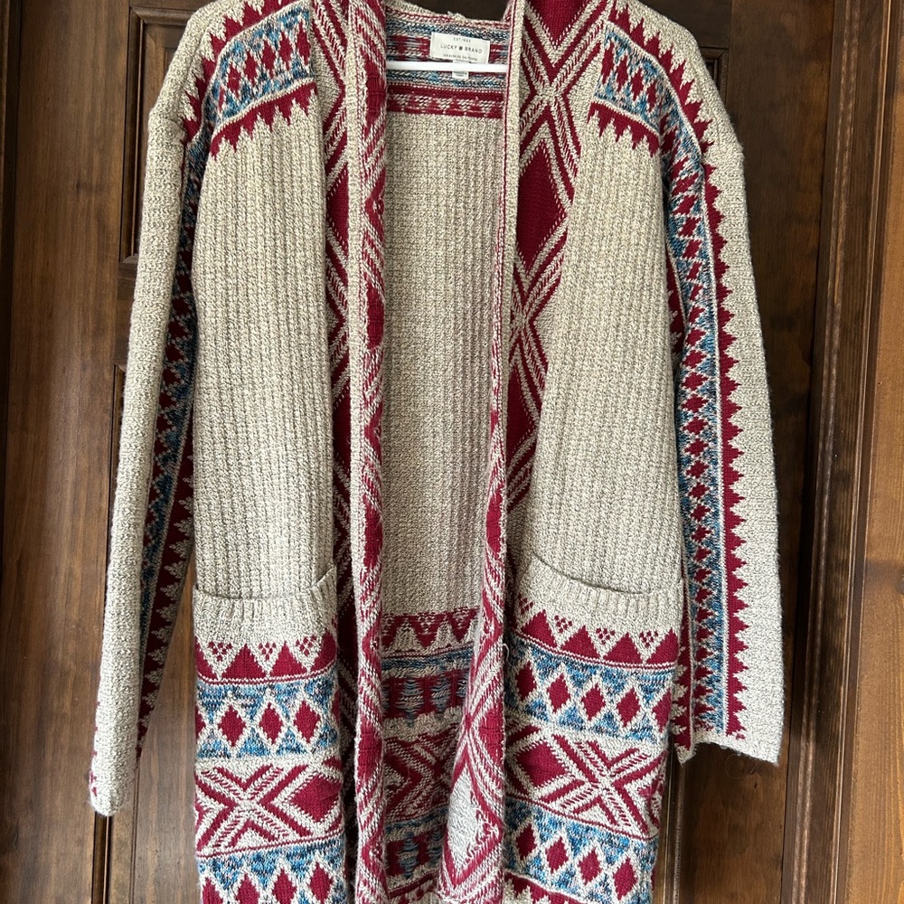 Lucky Brand Cozy Knit Cardigan Sweater - Red and Cream